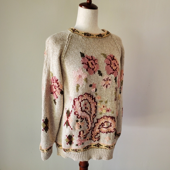 Vintage Hand Knit Van Heusen For Her Floral Cottagecore Sweater Pullover XL - Picture 4 of 16